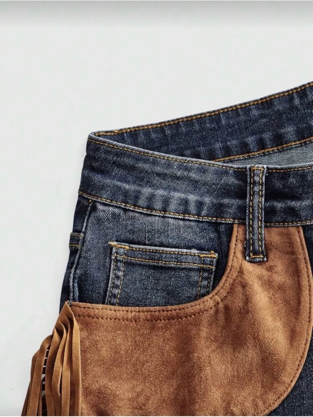 Dark Blue Stretch Denim Fringe Shorts with Brown Suede Pockets